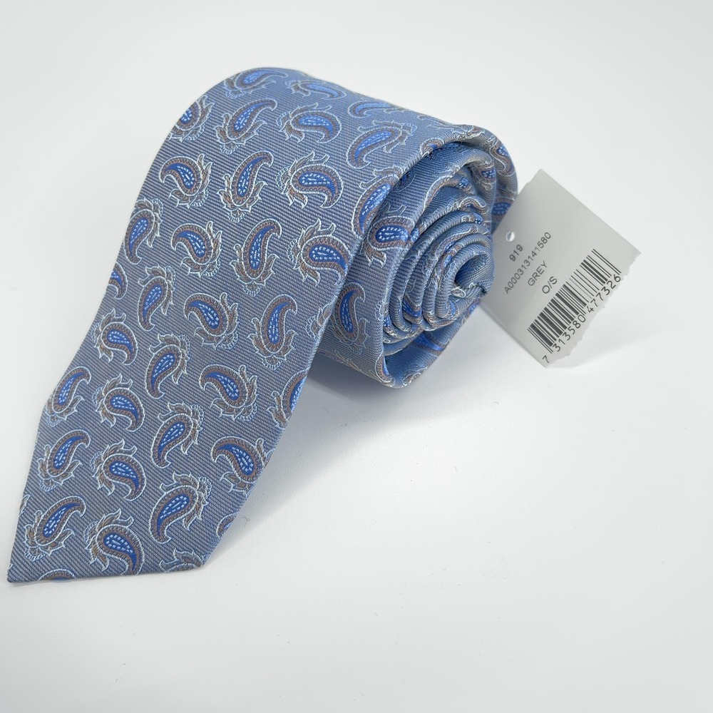 Eton Necktie Mens One Size Grey Blue‎ Silk Paisley Luxury Made In England NWT